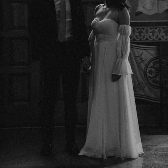 Off the Shoulder Chiffon Long Sleeve Wedding Dress - Picture 1 of 7